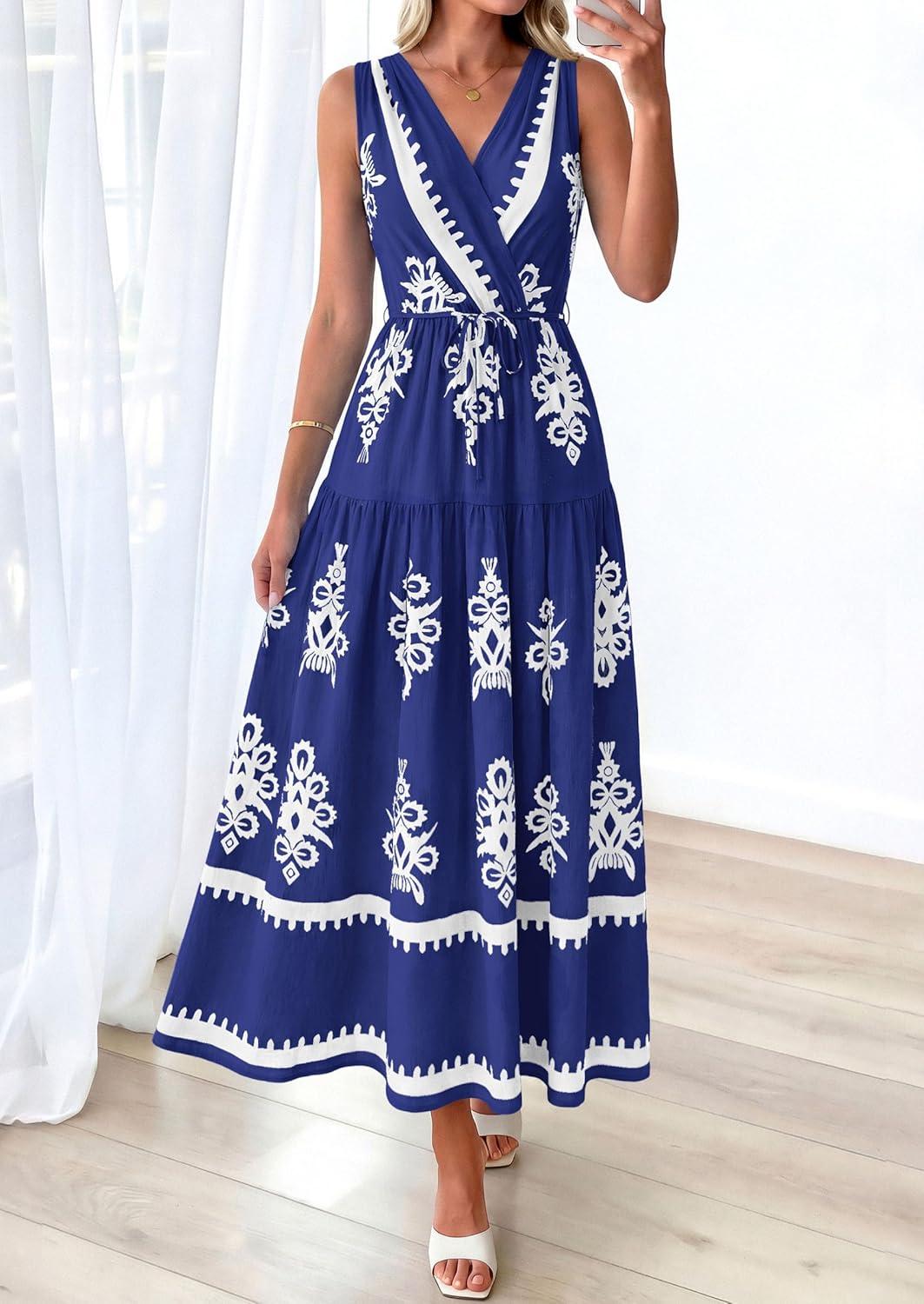 imagePRETTYGARDEN Womens Floral Maxi Dress 2026 Sleeveless Vneck Belt Ruffle Long Dresses Boho Summer Beach Vacation ClothesNavy Blue