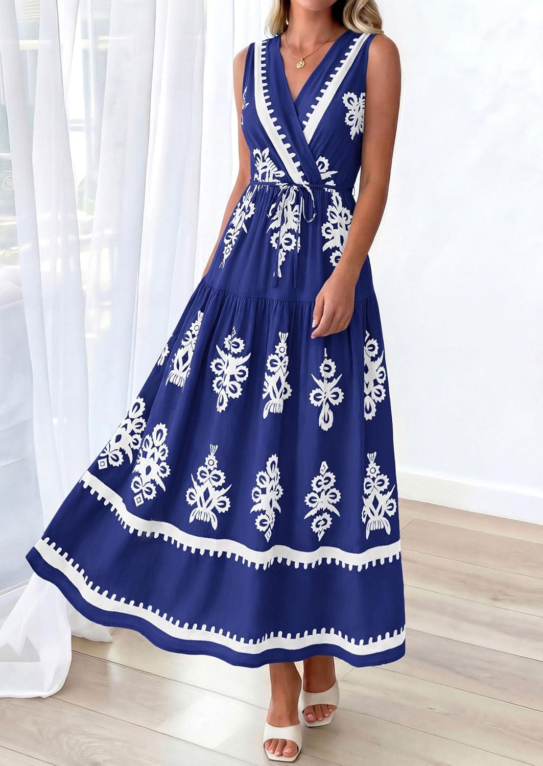 imagePRETTYGARDEN Womens Floral Maxi Dress 2026 Sleeveless Vneck Belt Ruffle Long Dresses Boho Summer Beach Vacation ClothesNavy Blue