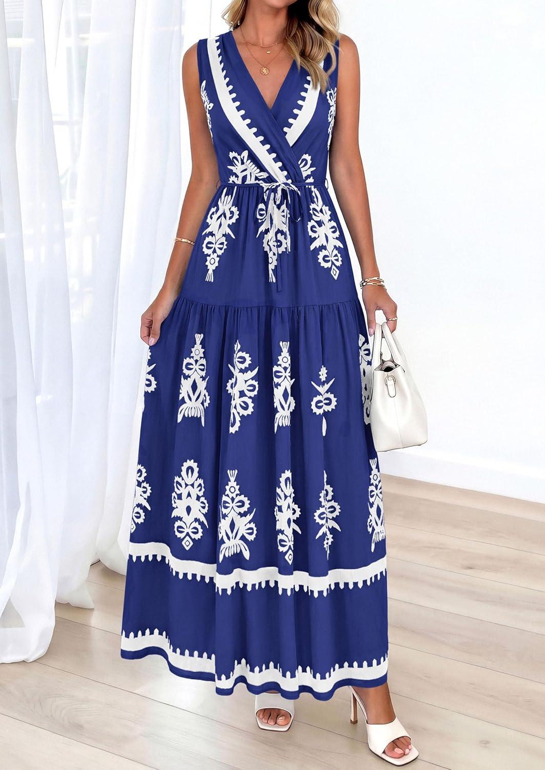 imagePRETTYGARDEN Womens Floral Maxi Dress 2026 Sleeveless Vneck Belt Ruffle Long Dresses Boho Summer Beach Vacation ClothesNavy Blue