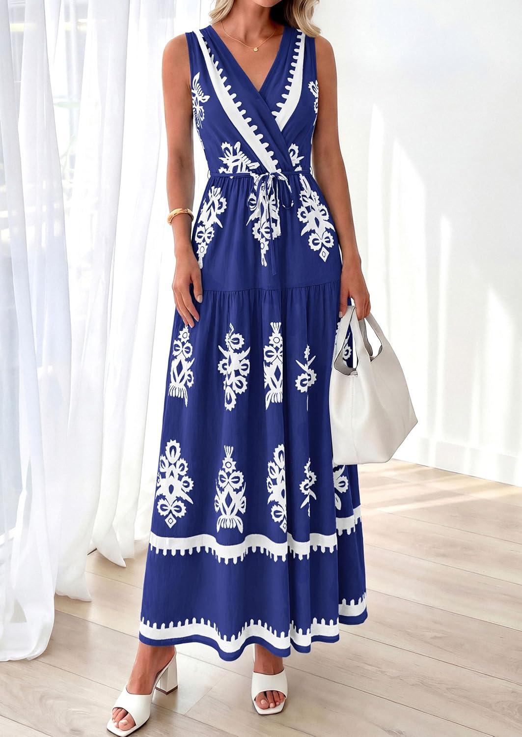 imagePRETTYGARDEN Womens Floral Maxi Dress 2026 Sleeveless Vneck Belt Ruffle Long Dresses Boho Summer Beach Vacation ClothesNavy Blue