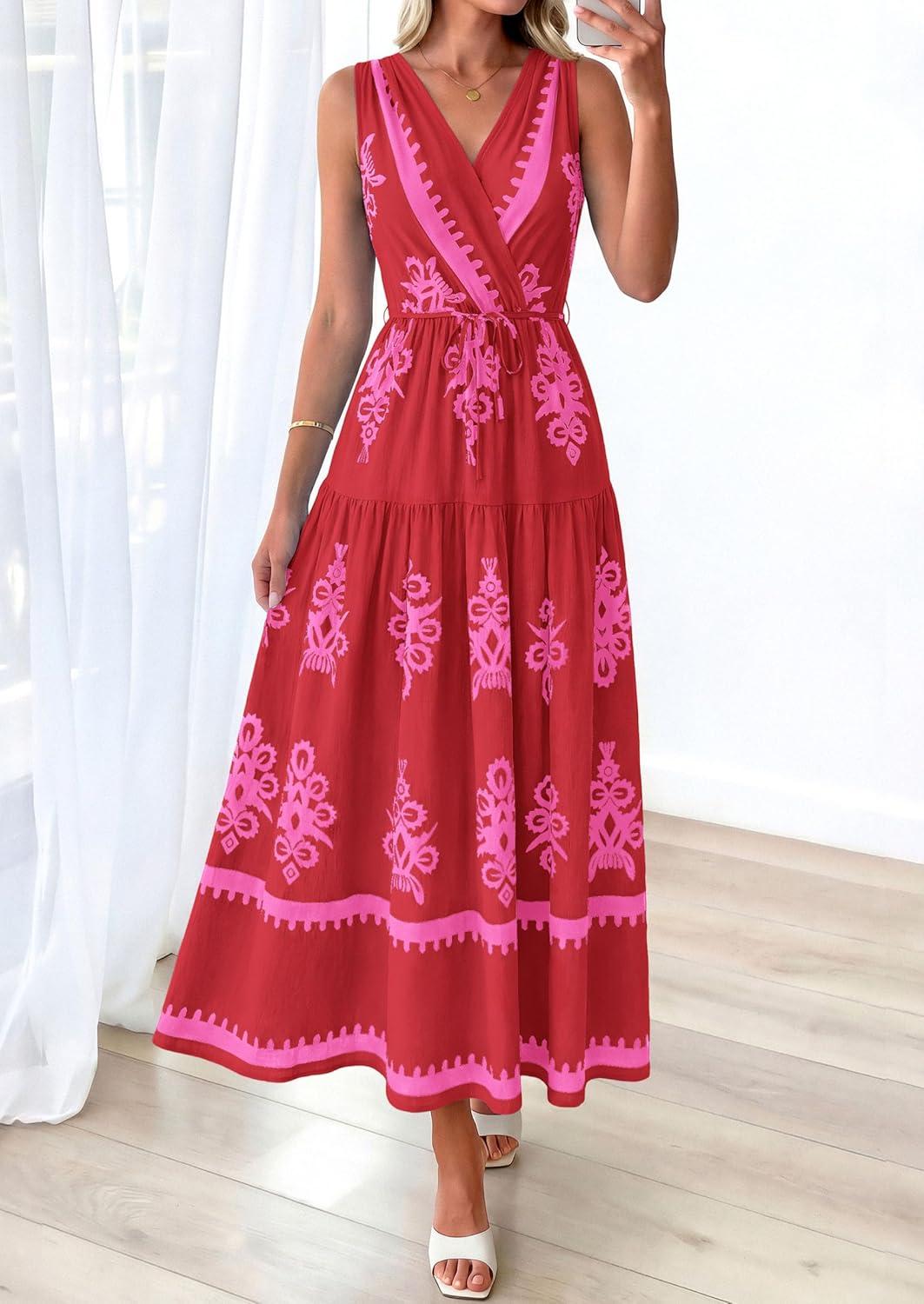 imagePRETTYGARDEN Womens Floral Maxi Dress 2026 Sleeveless Vneck Belt Ruffle Long Dresses Boho Summer Beach Vacation ClothesRed