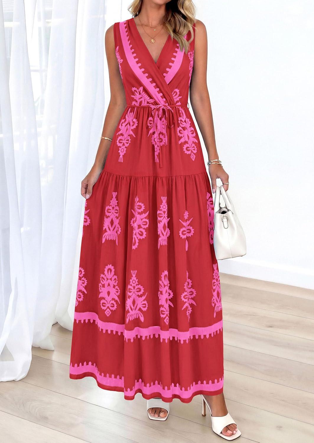 imagePRETTYGARDEN Womens Floral Maxi Dress 2026 Sleeveless Vneck Belt Ruffle Long Dresses Boho Summer Beach Vacation ClothesRed
