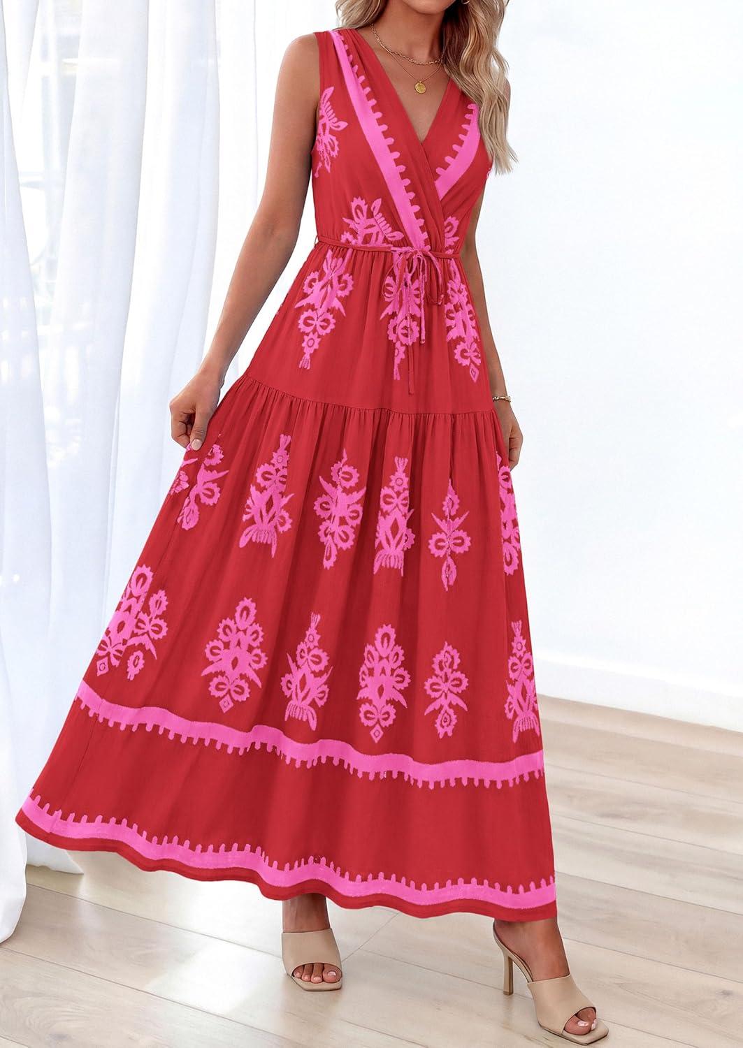 imagePRETTYGARDEN Womens Floral Maxi Dress 2026 Sleeveless Vneck Belt Ruffle Long Dresses Boho Summer Beach Vacation ClothesRed