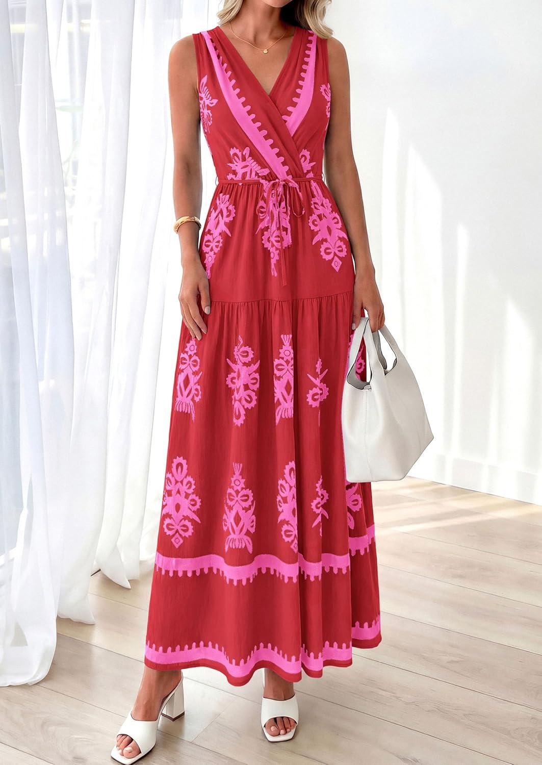imagePRETTYGARDEN Womens Floral Maxi Dress 2026 Sleeveless Vneck Belt Ruffle Long Dresses Boho Summer Beach Vacation ClothesRed