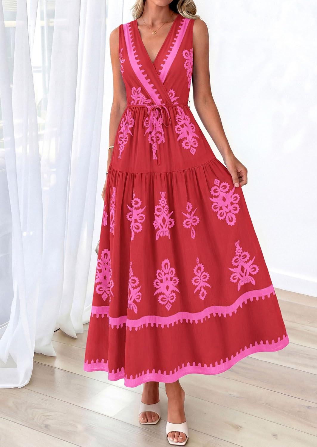 imagePRETTYGARDEN Womens Floral Maxi Dress 2026 Sleeveless Vneck Belt Ruffle Long Dresses Boho Summer Beach Vacation ClothesRed