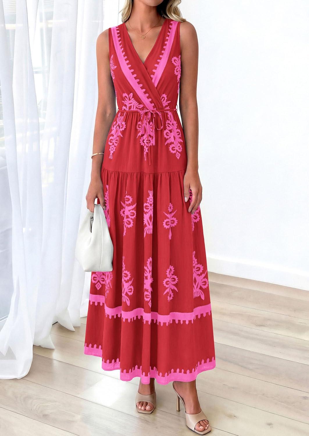 imagePRETTYGARDEN Womens Floral Maxi Dress 2026 Sleeveless Vneck Belt Ruffle Long Dresses Boho Summer Beach Vacation ClothesRed