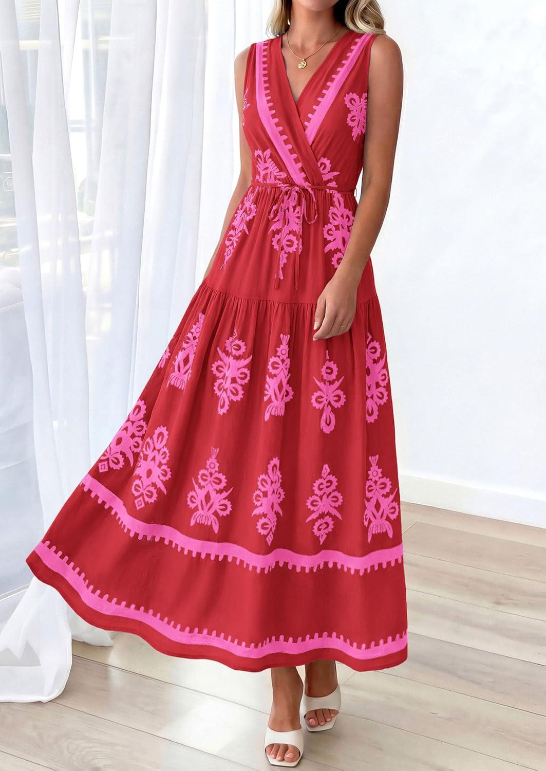 imagePRETTYGARDEN Womens Floral Maxi Dress 2026 Sleeveless Vneck Belt Ruffle Long Dresses Boho Summer Beach Vacation ClothesRed