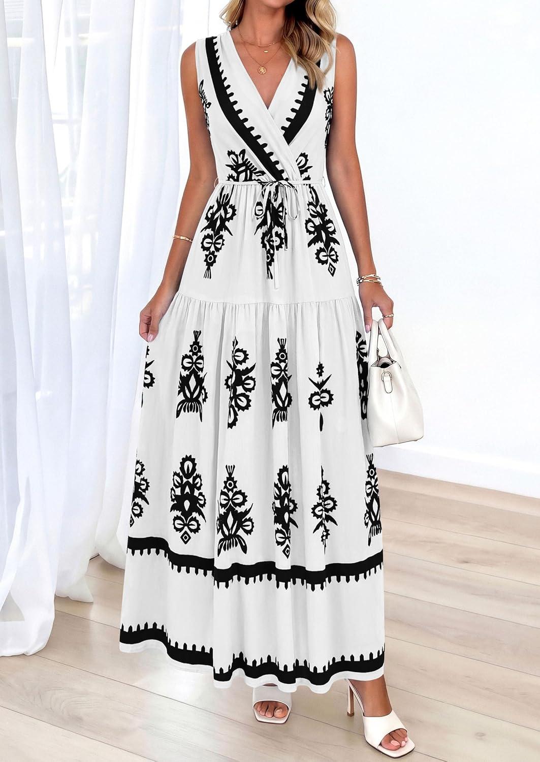 imagePRETTYGARDEN Womens Floral Maxi Dress 2026 Sleeveless Vneck Belt Ruffle Long Dresses Boho Summer Beach Vacation ClothesWhite Black Flower