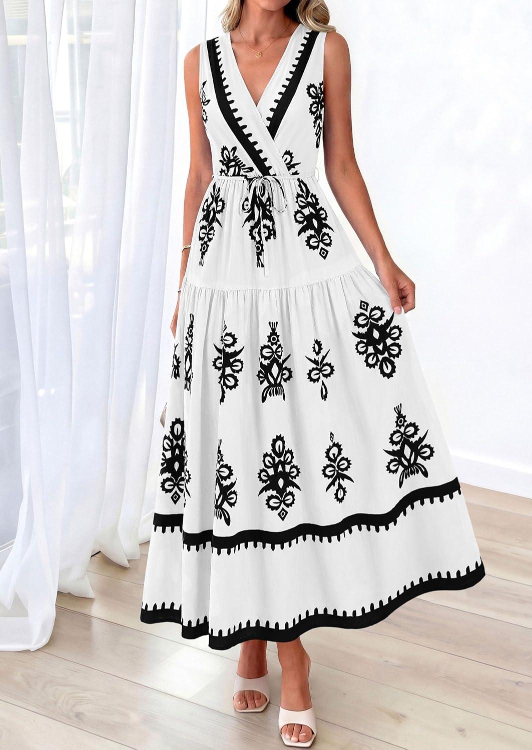 imagePRETTYGARDEN Womens Floral Maxi Dress 2026 Sleeveless Vneck Belt Ruffle Long Dresses Boho Summer Beach Vacation ClothesWhite Black Flower