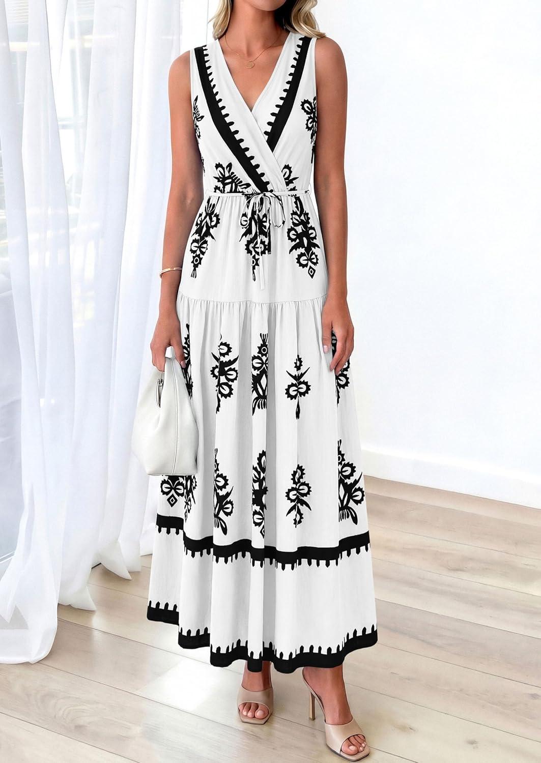 imagePRETTYGARDEN Womens Floral Maxi Dress 2026 Sleeveless Vneck Belt Ruffle Long Dresses Boho Summer Beach Vacation ClothesWhite Black Flower