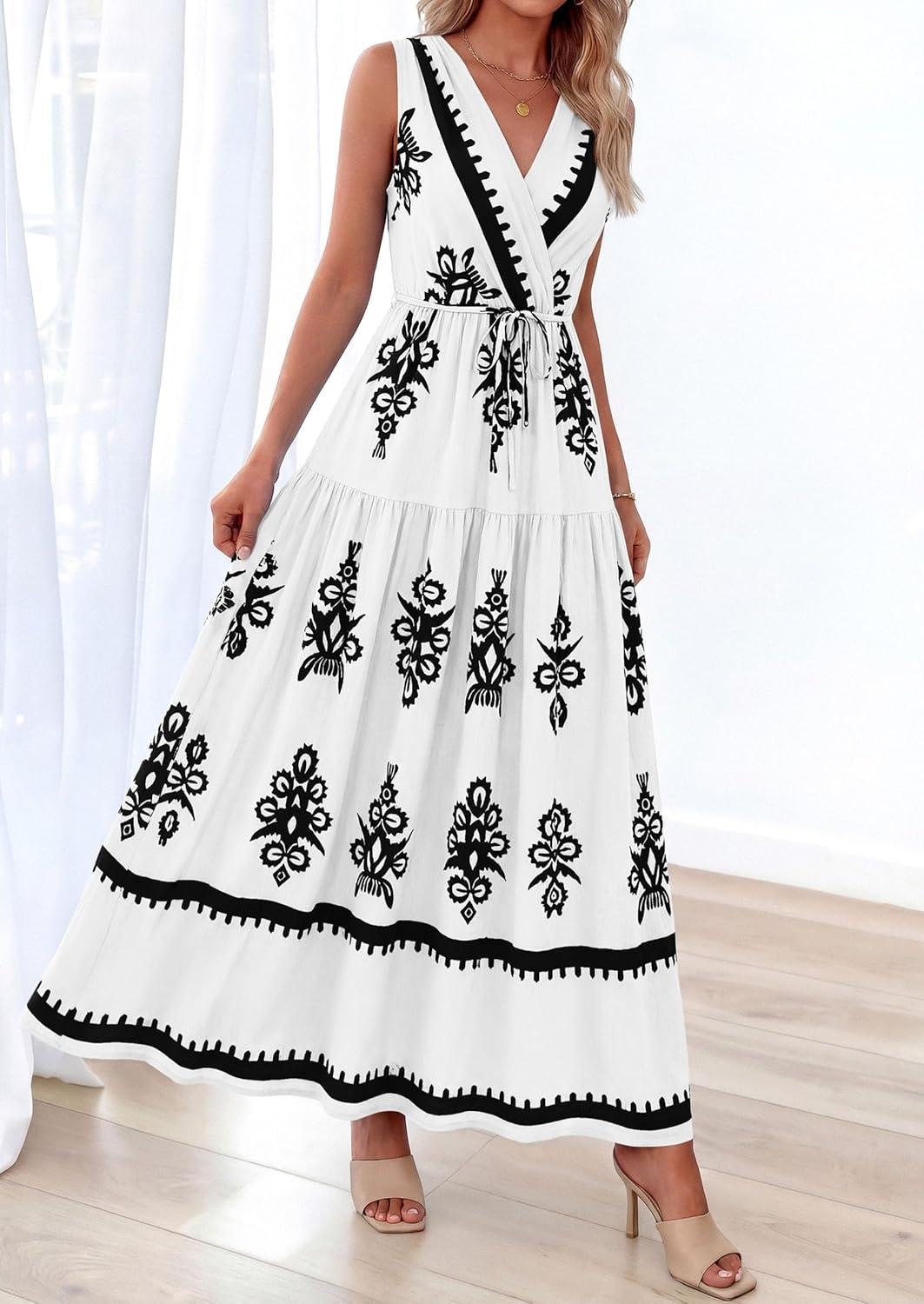 imagePRETTYGARDEN Womens Floral Maxi Dress 2026 Sleeveless Vneck Belt Ruffle Long Dresses Boho Summer Beach Vacation ClothesWhite Black Flower