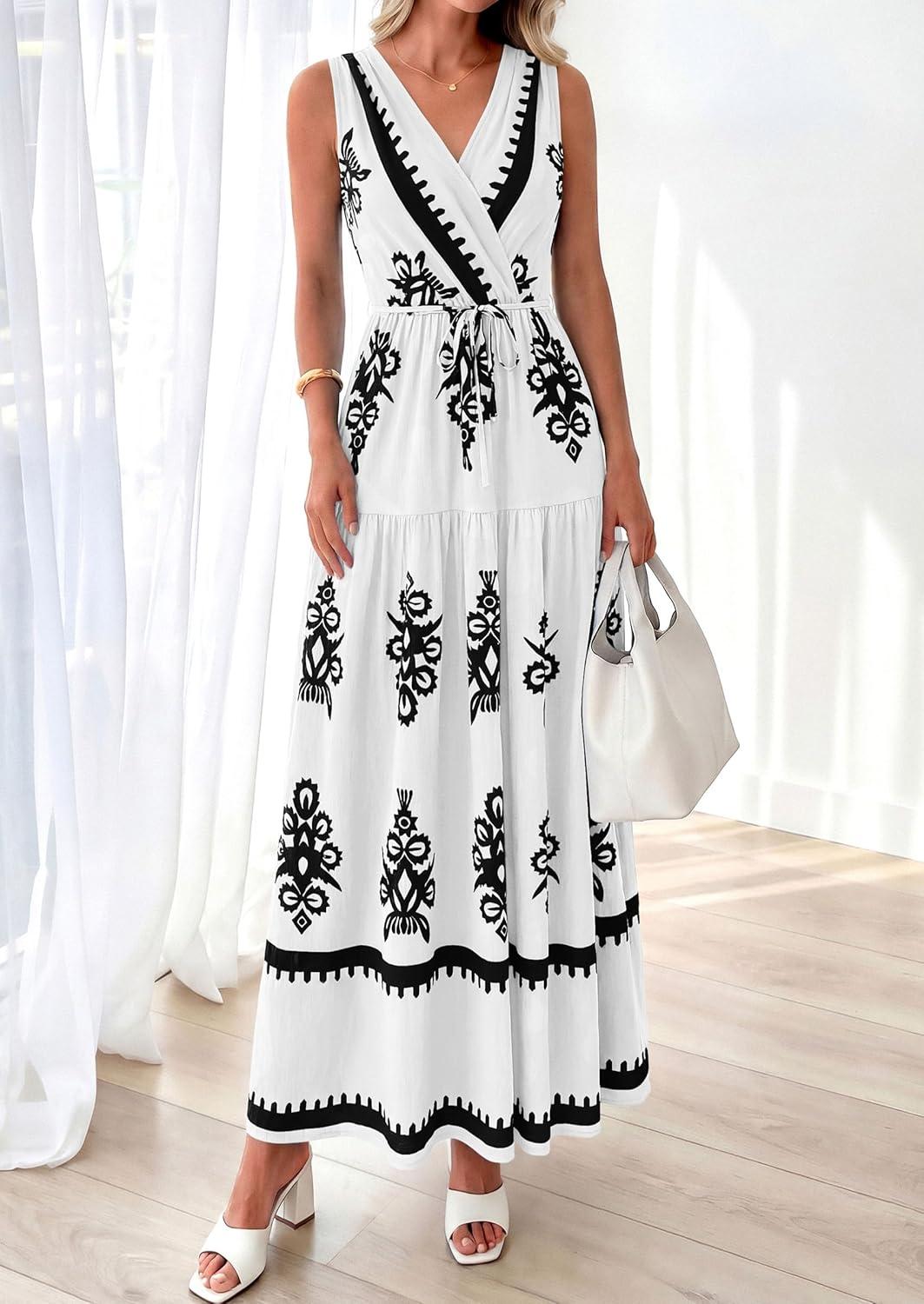 imagePRETTYGARDEN Womens Floral Maxi Dress 2026 Sleeveless Vneck Belt Ruffle Long Dresses Boho Summer Beach Vacation ClothesWhite Black Flower