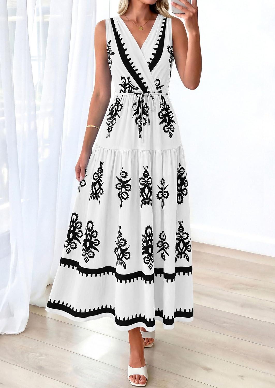 imagePRETTYGARDEN Womens Floral Maxi Dress 2026 Sleeveless Vneck Belt Ruffle Long Dresses Boho Summer Beach Vacation ClothesWhite Black Flower