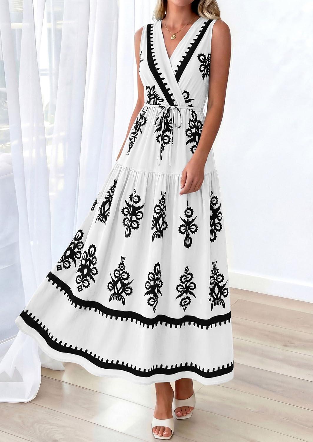 imagePRETTYGARDEN Womens Floral Maxi Dress 2026 Sleeveless Vneck Belt Ruffle Long Dresses Boho Summer Beach Vacation ClothesWhite Black Flower