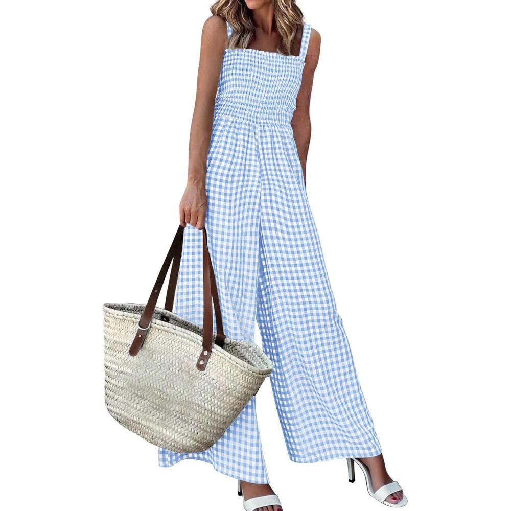 imagePRETTYGARDEN One Piece Jumpsuits for Women 2026 Summer Sleeveless Smocked Gingham Wide Leg Date Night Rompers Spring OutfitsLight Blue