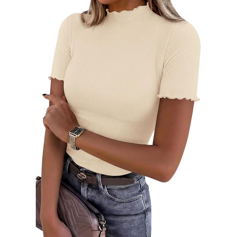 imagePRETTYGARDEN Short Sleeve T Shirts for Women Summer Clothes 2026 Casual Spring Tops Ruffle Mock Neck Ribbed Fitted Basic TeesBeige