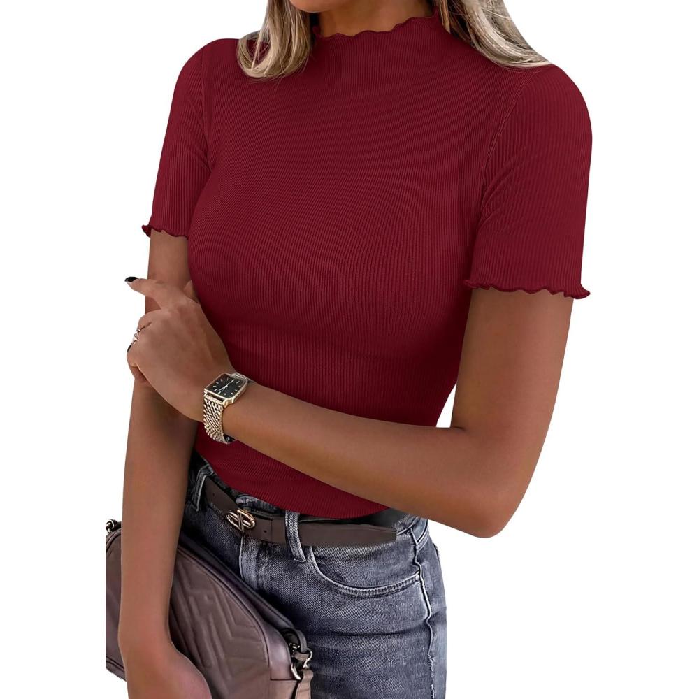 imagePRETTYGARDEN Short Sleeve T Shirts for Women Summer Clothes 2026 Casual Spring Tops Ruffle Mock Neck Ribbed Fitted Basic TeesBurgundy