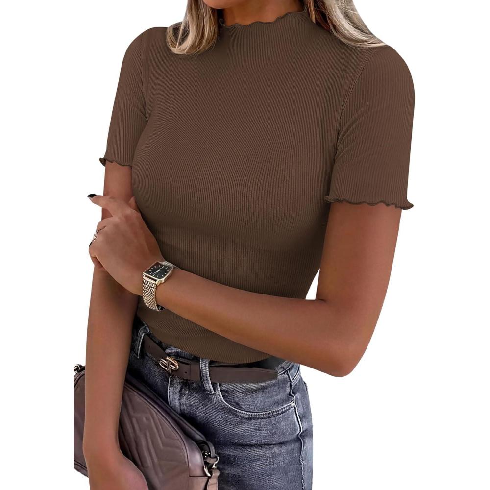 imagePRETTYGARDEN Short Sleeve T Shirts for Women Summer Clothes 2026 Casual Spring Tops Ruffle Mock Neck Ribbed Fitted Basic TeesCoffee