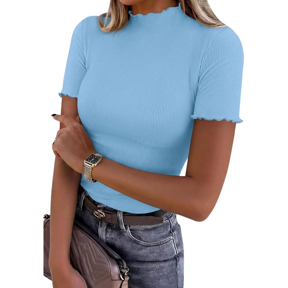 imagePRETTYGARDEN Short Sleeve T Shirts for Women Summer Clothes 2026 Casual Spring Tops Ruffle Mock Neck Ribbed Fitted Basic TeesLight Blue
