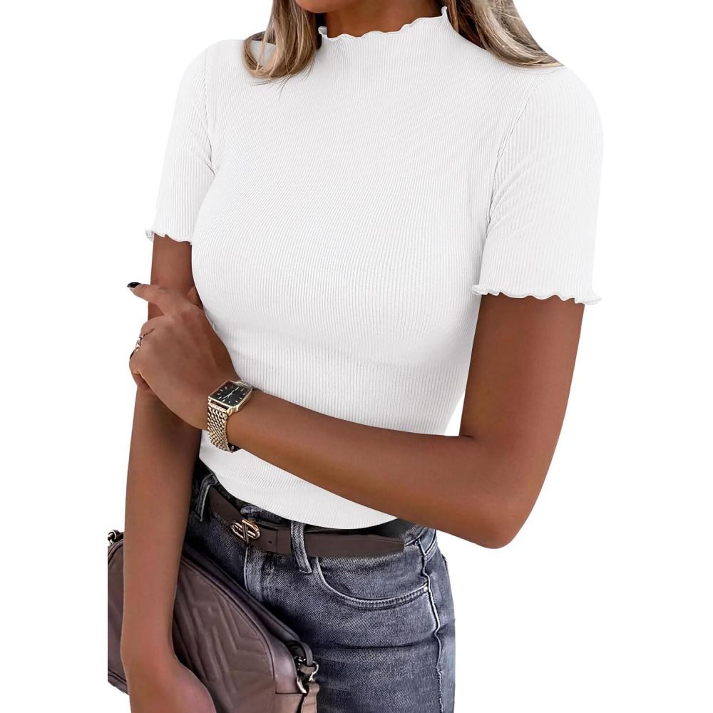 imagePRETTYGARDEN Short Sleeve T Shirts for Women Summer Clothes 2026 Casual Spring Tops Ruffle Mock Neck Ribbed Fitted Basic TeesWhite