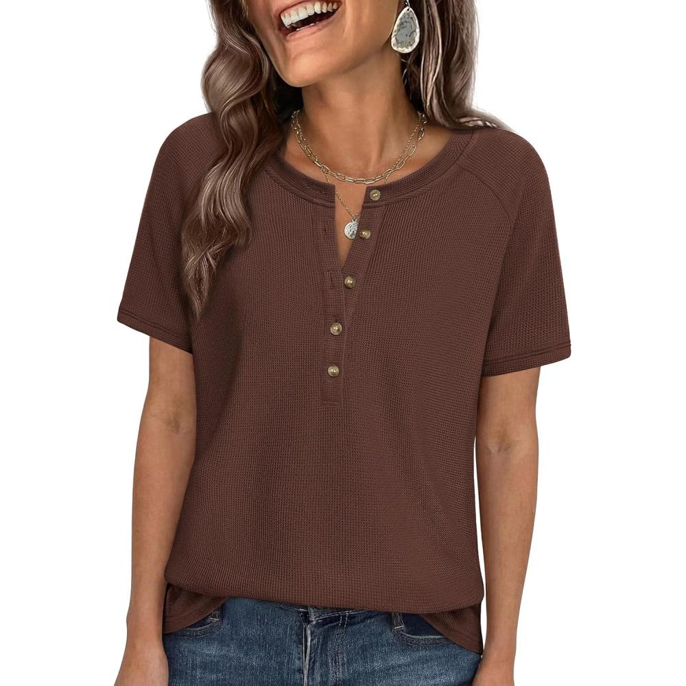 imagePRETTYGARDEN Waffle Knit Tops for Women Short Sleeve Henley Shirts 2026 Summer Blouses Dressy Casual Spring Fashion ClothesBrown