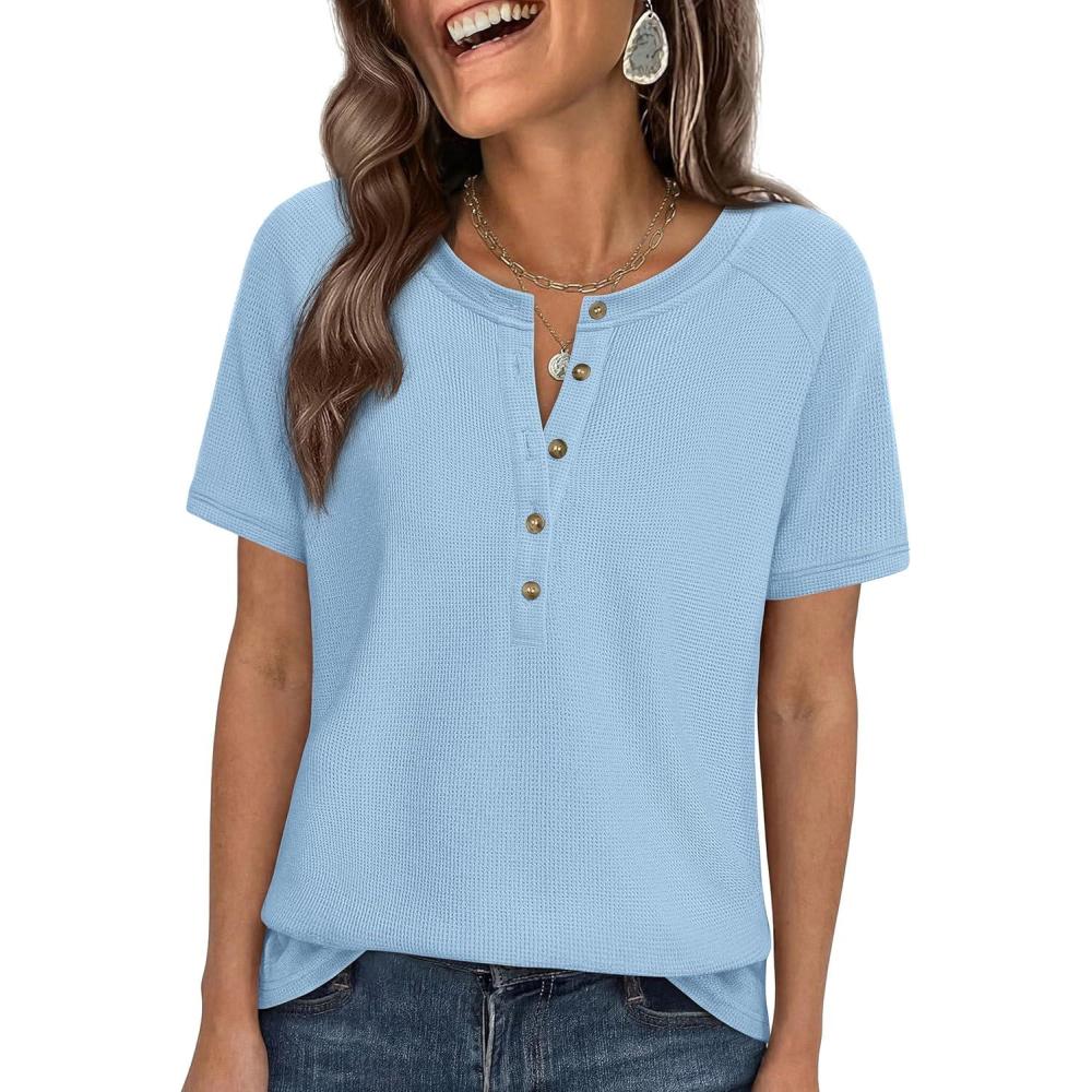 imagePRETTYGARDEN Waffle Knit Tops for Women Short Sleeve Henley Shirts 2026 Summer Blouses Dressy Casual Spring Fashion ClothesLight Blue
