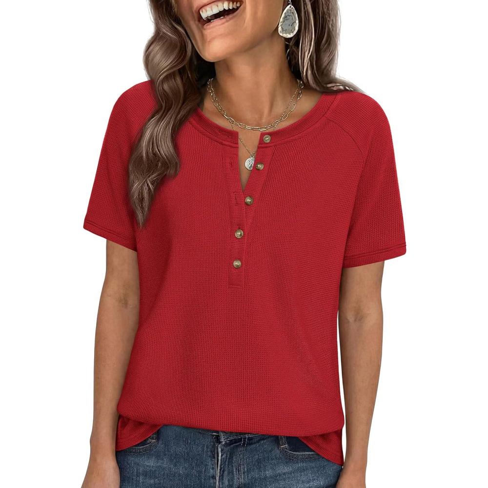 imagePRETTYGARDEN Waffle Knit Tops for Women Short Sleeve Henley Shirts 2026 Summer Blouses Dressy Casual Spring Fashion ClothesRed