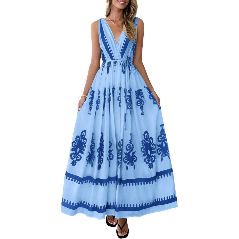 imagePRETTYGARDEN Womens Floral Maxi Dress 2026 Sleeveless Vneck Belt Ruffle Long Dresses Boho Summer Beach Vacation ClothesBlue