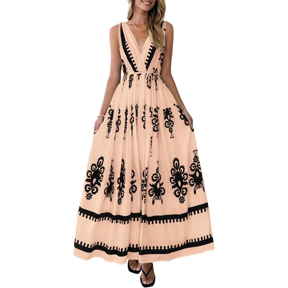 imagePRETTYGARDEN Womens Floral Maxi Dress 2026 Sleeveless Vneck Belt Ruffle Long Dresses Boho Summer Beach Vacation ClothesKhaki