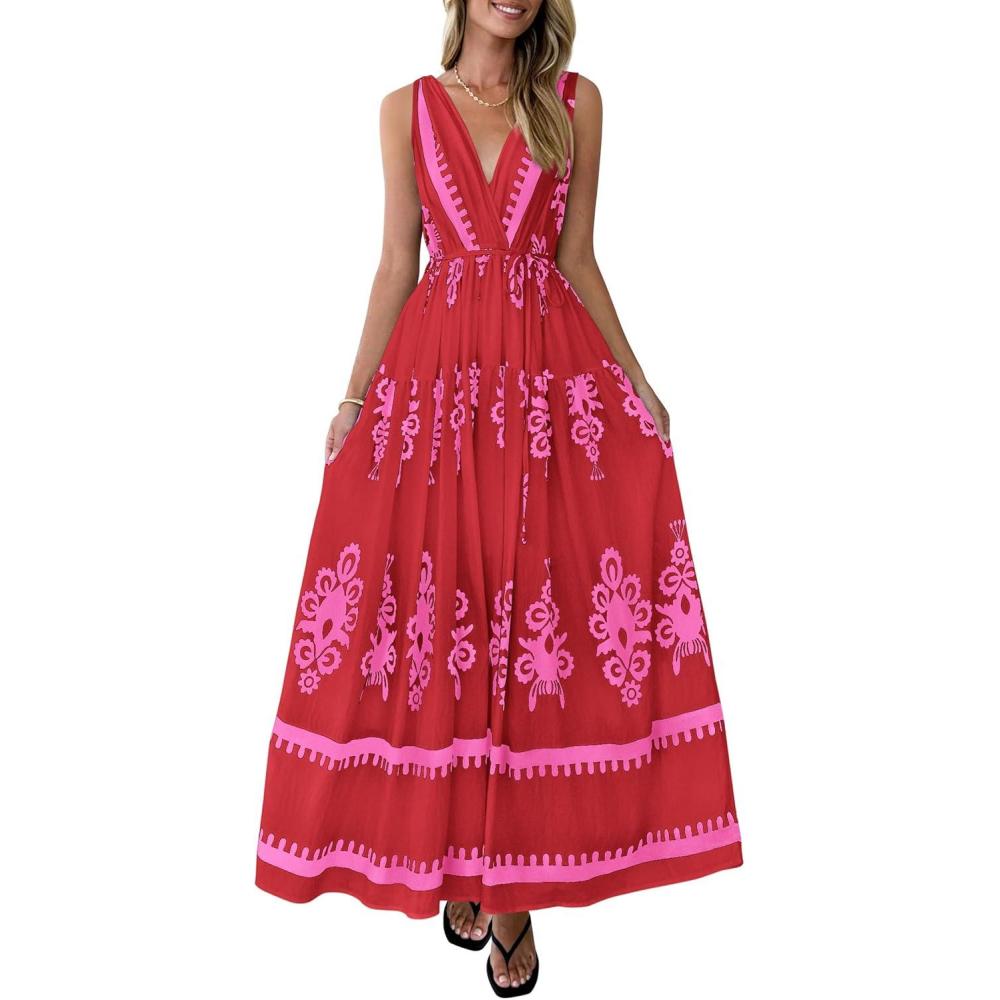 imagePRETTYGARDEN Womens Floral Maxi Dress 2026 Sleeveless Vneck Belt Ruffle Long Dresses Boho Summer Beach Vacation ClothesRed