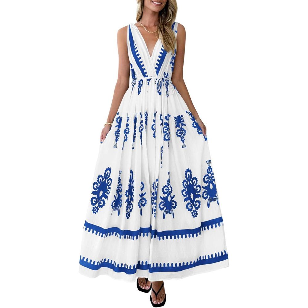imagePRETTYGARDEN Womens Floral Maxi Dress 2026 Sleeveless Vneck Belt Ruffle Long Dresses Boho Summer Beach Vacation ClothesWhite Blue Flower