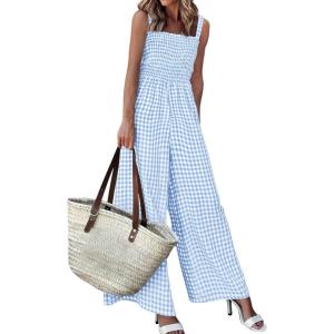 PRETTYGARDEN One Piece Jumpsuits for Women 2026 Summer Sleeveless Smocked Gingham Wide Leg Date Night Rompers Spring Outfits(Light Blue)