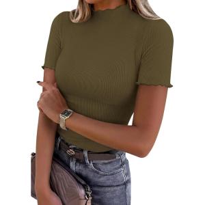 PRETTYGARDEN Short Sleeve T Shirts for Women Summer Clothes 2026 Casual Spring Tops Ruffle Mock Neck Ribbed Fitted Basic Tees(Army Green)
