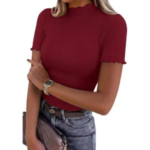PRETTYGARDEN Short Sleeve T Shirts for Women Summer Clothes 2026 Casual Spring Tops Ruffle Mock Neck Ribbed Fitted Basic Tees(Burgundy)