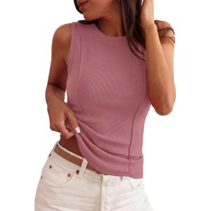 PRETTYGARDEN Sleeveless Tops for Women 2026 Summer Ribbed Tank Top Fitted Shirts Basic Tees Cute Spring Going Out Y2k Clothes(Pink)