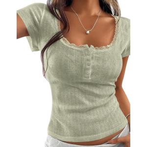 PRETTYGARDEN Summer Tops for Women 2026 Short Sleeve Lace Trim Slim Fitted Henley Tee Shirts Y2K Fashion Clothing(Sage Green)