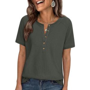 PRETTYGARDEN Waffle Knit Tops for Women Short Sleeve Henley Shirts 2026 Summer Blouses Dressy Casual Spring Fashion Clothes(Army Green)