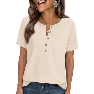 PRETTYGARDEN Waffle Knit Tops for Women Short Sleeve Henley Shirts 2026 Summer Blouses Dressy Casual Spring Fashion Clothes(Beige)