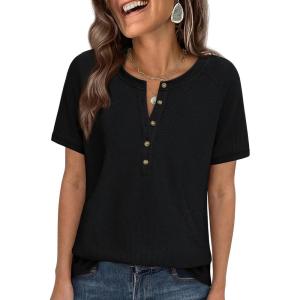 PRETTYGARDEN Waffle Knit Tops for Women Short Sleeve Henley Shirts 2026 Summer Blouses Dressy Casual Spring Fashion Clothes(Black)