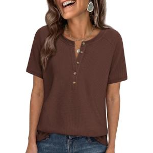 PRETTYGARDEN Waffle Knit Tops for Women Short Sleeve Henley Shirts 2026 Summer Blouses Dressy Casual Spring Fashion Clothes(Brown)