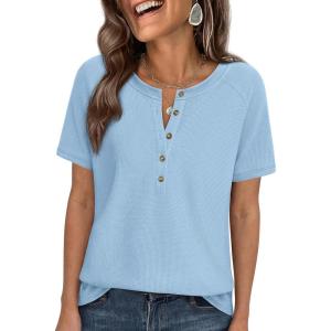 PRETTYGARDEN Waffle Knit Tops for Women Short Sleeve Henley Shirts 2026 Summer Blouses Dressy Casual Spring Fashion Clothes(Light Blue)