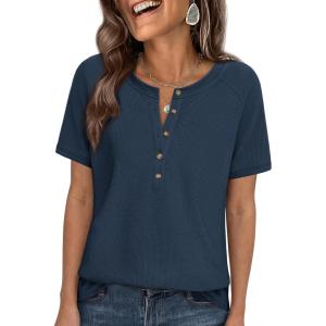 PRETTYGARDEN Waffle Knit Tops for Women Short Sleeve Henley Shirts 2026 Summer Blouses Dressy Casual Spring Fashion Clothes(Navy Blue)