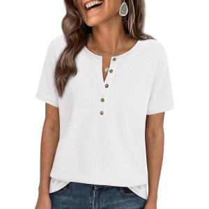 PRETTYGARDEN Waffle Knit Tops for Women Short Sleeve Henley Shirts 2026 Summer Blouses Dressy Casual Spring Fashion Clothes(White)