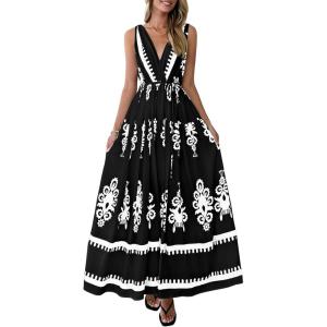 PRETTYGARDEN Womens Floral Maxi Dress 2026 Sleeveless Vneck Belt Ruffle Long Dresses Boho Summer Beach Vacation Clothes(Black)