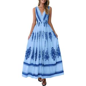 PRETTYGARDEN Womens Floral Maxi Dress 2026 Sleeveless Vneck Belt Ruffle Long Dresses Boho Summer Beach Vacation Clothes(Blue)