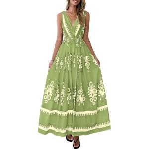 PRETTYGARDEN Womens Floral Maxi Dress 2026 Sleeveless Vneck Belt Ruffle Long Dresses Boho Summer Beach Vacation Clothes(Green)