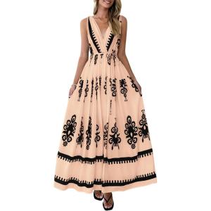 PRETTYGARDEN Womens Floral Maxi Dress 2026 Sleeveless Vneck Belt Ruffle Long Dresses Boho Summer Beach Vacation Clothes(Khaki)