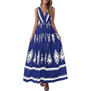 PRETTYGARDEN Womens Floral Maxi Dress 2026 Sleeveless Vneck Belt Ruffle Long Dresses Boho Summer Beach Vacation Clothes(Navy Blue)