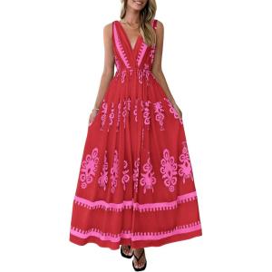 PRETTYGARDEN Womens Floral Maxi Dress 2026 Sleeveless Vneck Belt Ruffle Long Dresses Boho Summer Beach Vacation Clothes(Red)