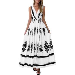 PRETTYGARDEN Womens Floral Maxi Dress 2026 Sleeveless Vneck Belt Ruffle Long Dresses Boho Summer Beach Vacation Clothes(White Black Flower)